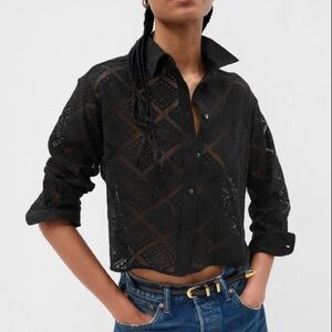 NEW Gap Cropped Crochet Long Sleeve Button Down Shirt In Black Size XL
